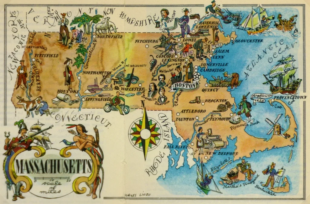 Mapa tur&iacute;stico pict&oacute;rico de Massachusetts de los a&ntilde;os 1940.