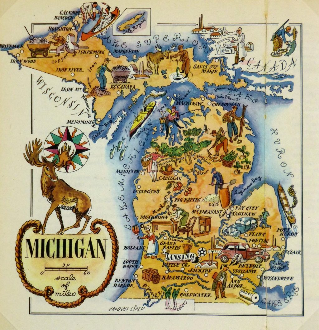 Mapa tur&iacute;stico pict&oacute;rico de M&iacute;chigan de los a&ntilde;os 1940.