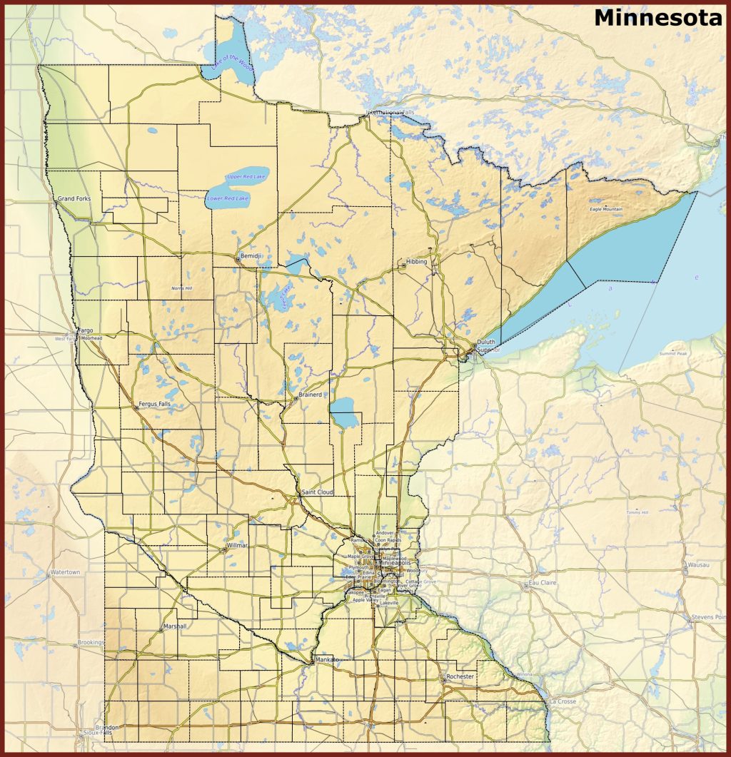 Mapa f&iacute;sico del estado de Minnesota.