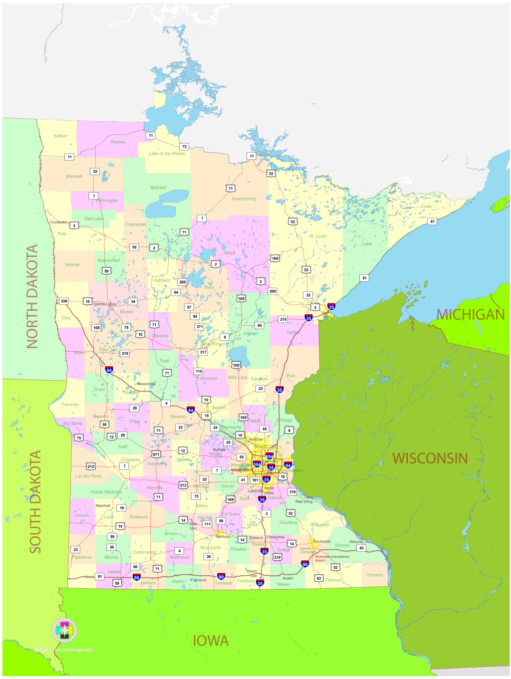 Mapa pol&iacute;tico del estado de Minnesota.