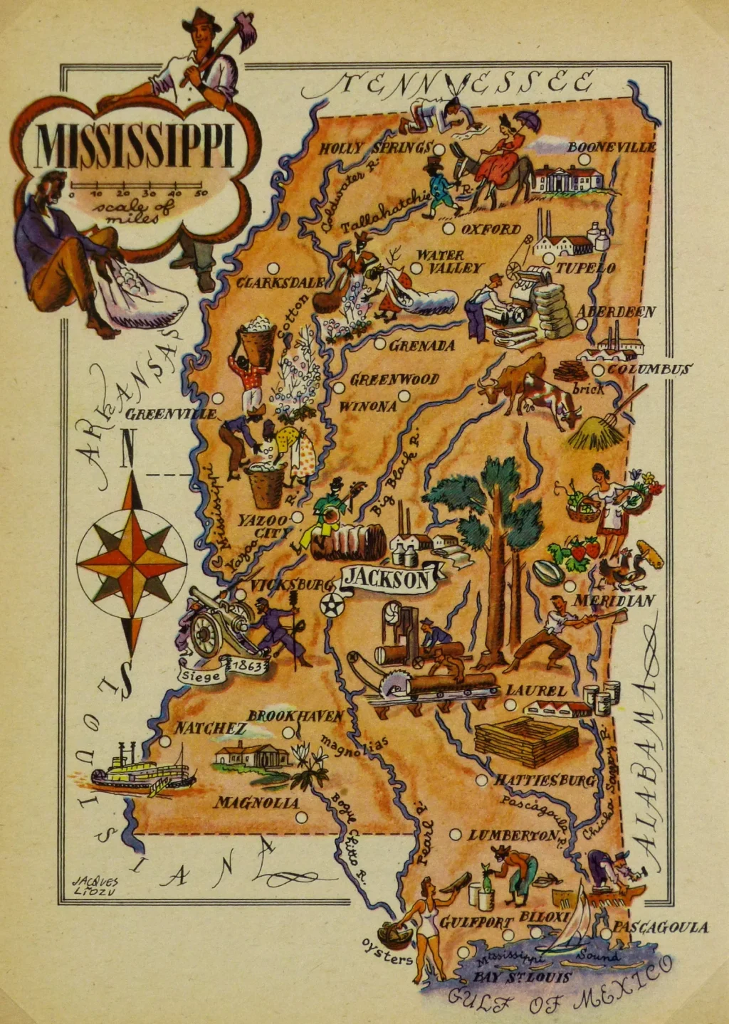 Mapa tur&iacute;stico pict&oacute;rico de Misisipi de los a&ntilde;os 1940.