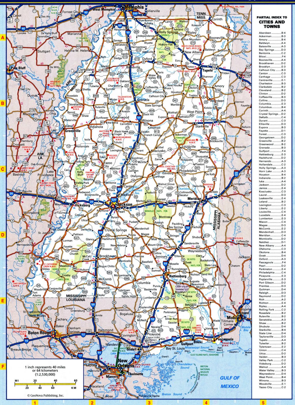 Mapa de carreteras del estado de Misisipi.