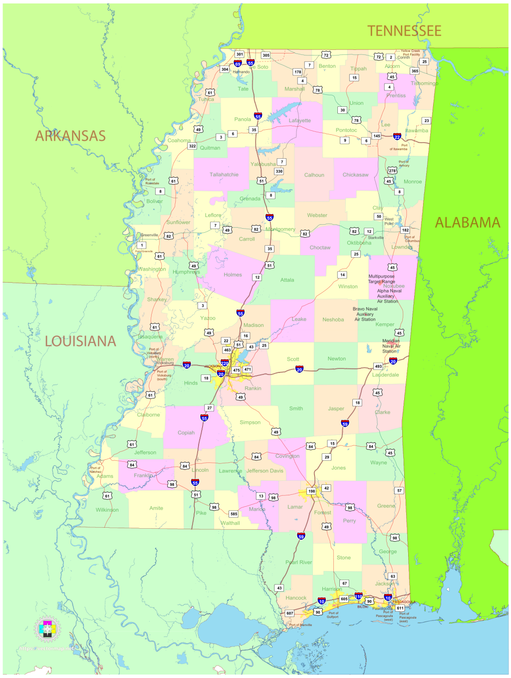 Mapa pol&iacute;tico del estado de Misisipi.