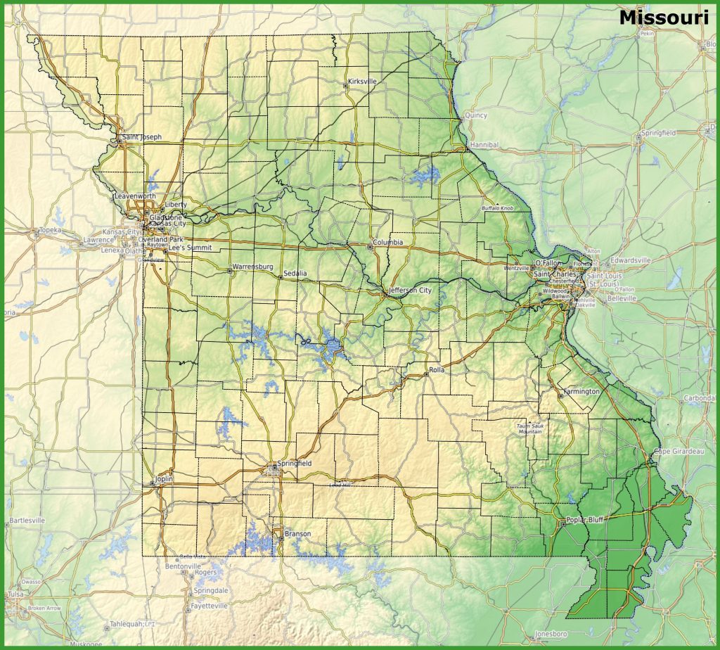 Mapa f&iacute;sico del estado de Misuri.