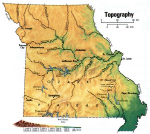 Mapa topogr&aacute;fico del estado de Misuri.