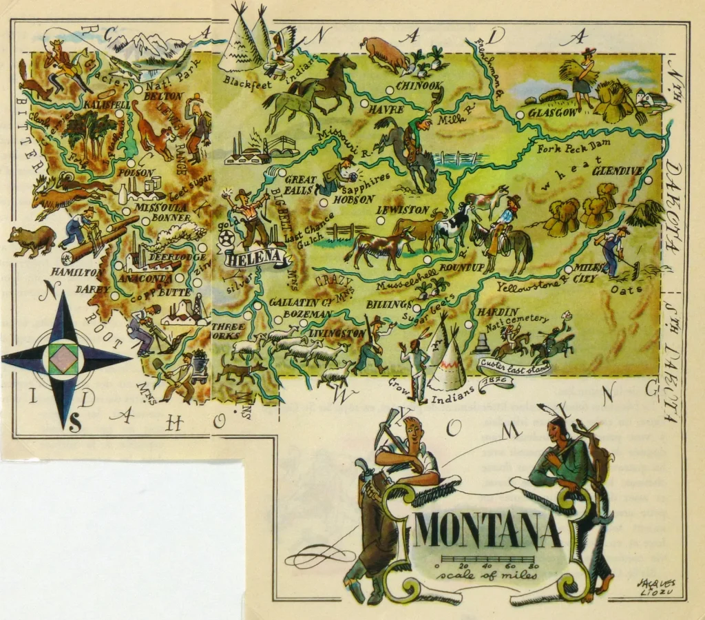 Mapa tur&iacute;stico pict&oacute;rico de Montana de los a&ntilde;os 1940.