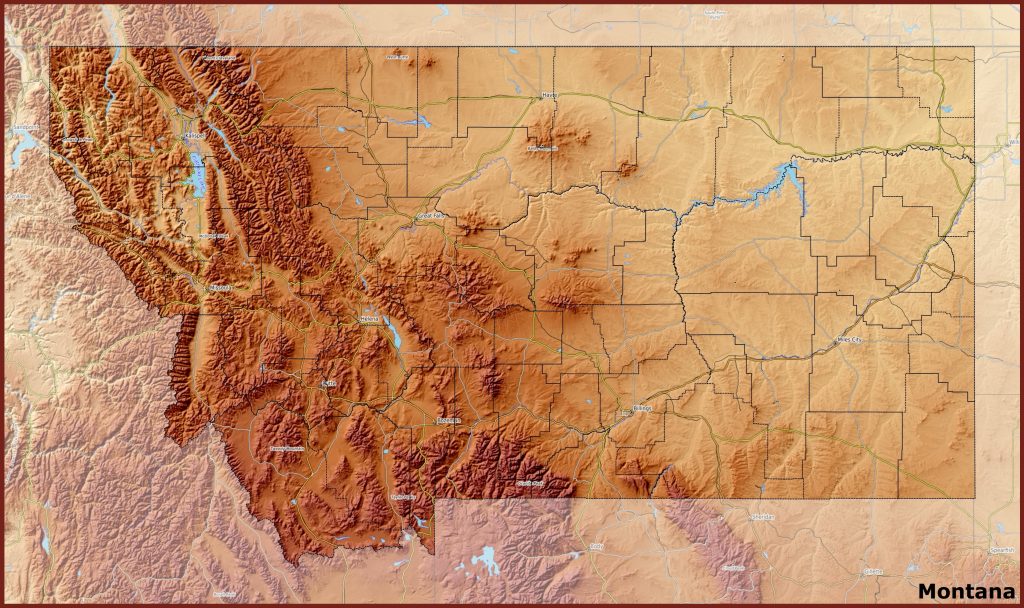 Mapa f&iacute;sico del estado de Montana.