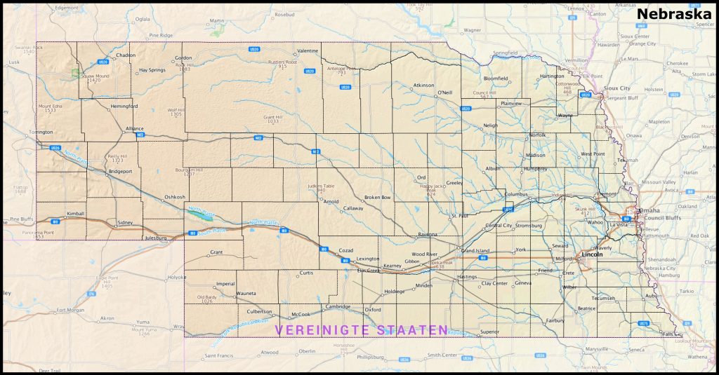 Mapa del estado de Nebraska.