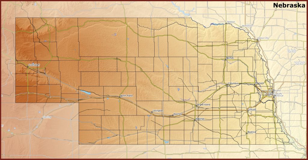 Mapa f&iacute;sico del estado de Nebraska.