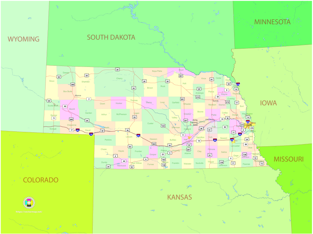 Mapa pol&iacute;tico del estado de Nebraska.