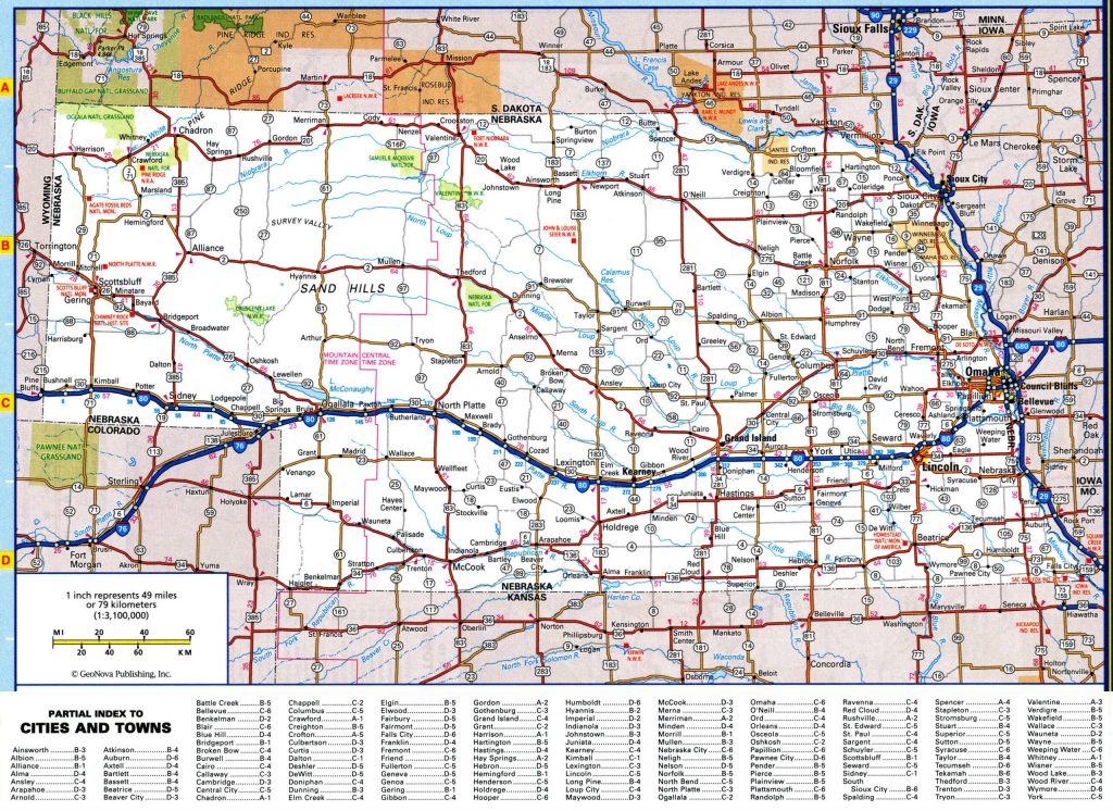 Mapa de carreteras del estado de Nebraska.