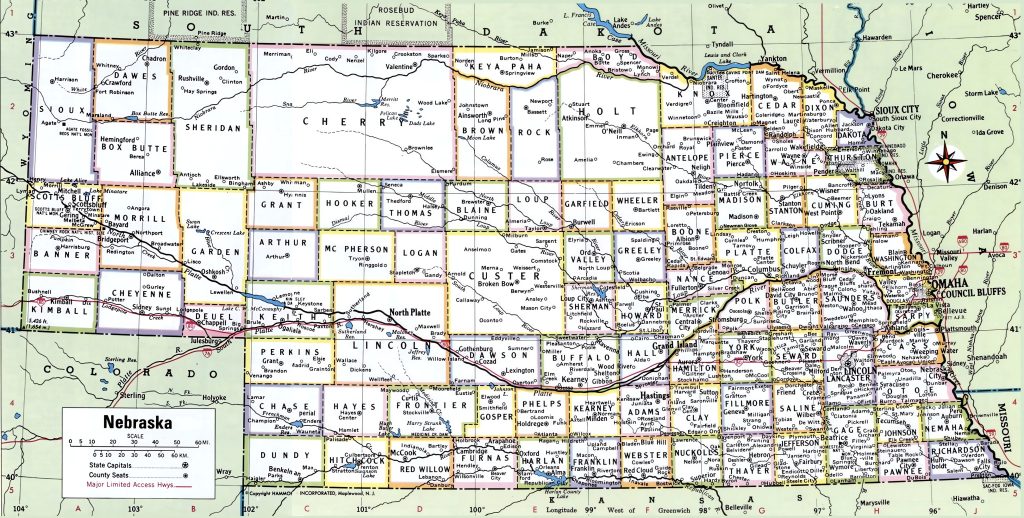 Mapa de las ciudades y pueblos de Nebraska.