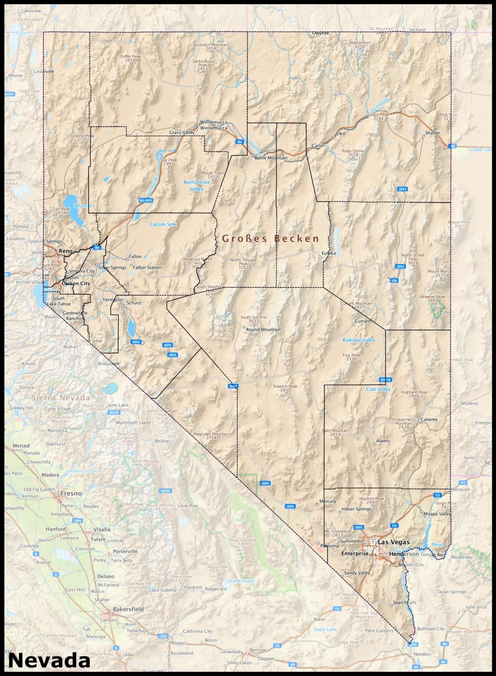 Mapa del estado de Nevada.