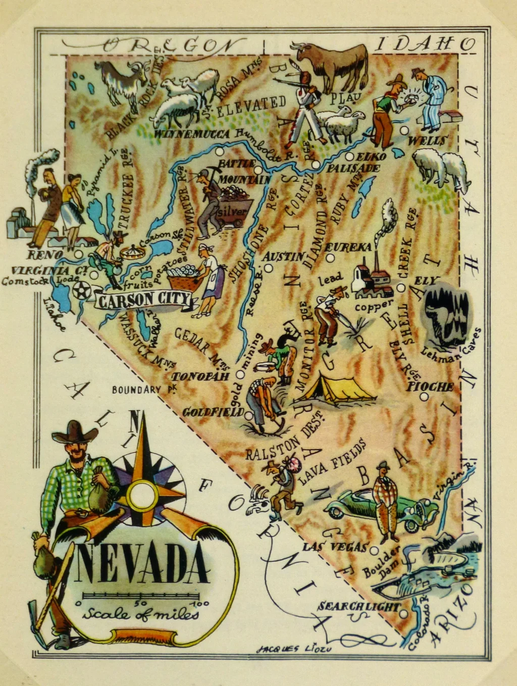 Mapa tur&iacute;stico pict&oacute;rico de Nevada de los a&ntilde;os 1940.