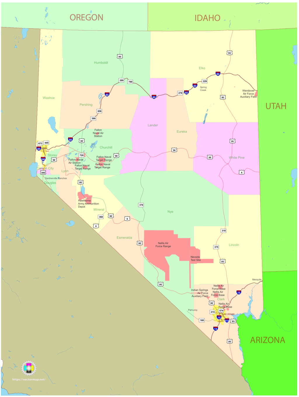 Mapa pol&iacute;tico del estado de Nevada.