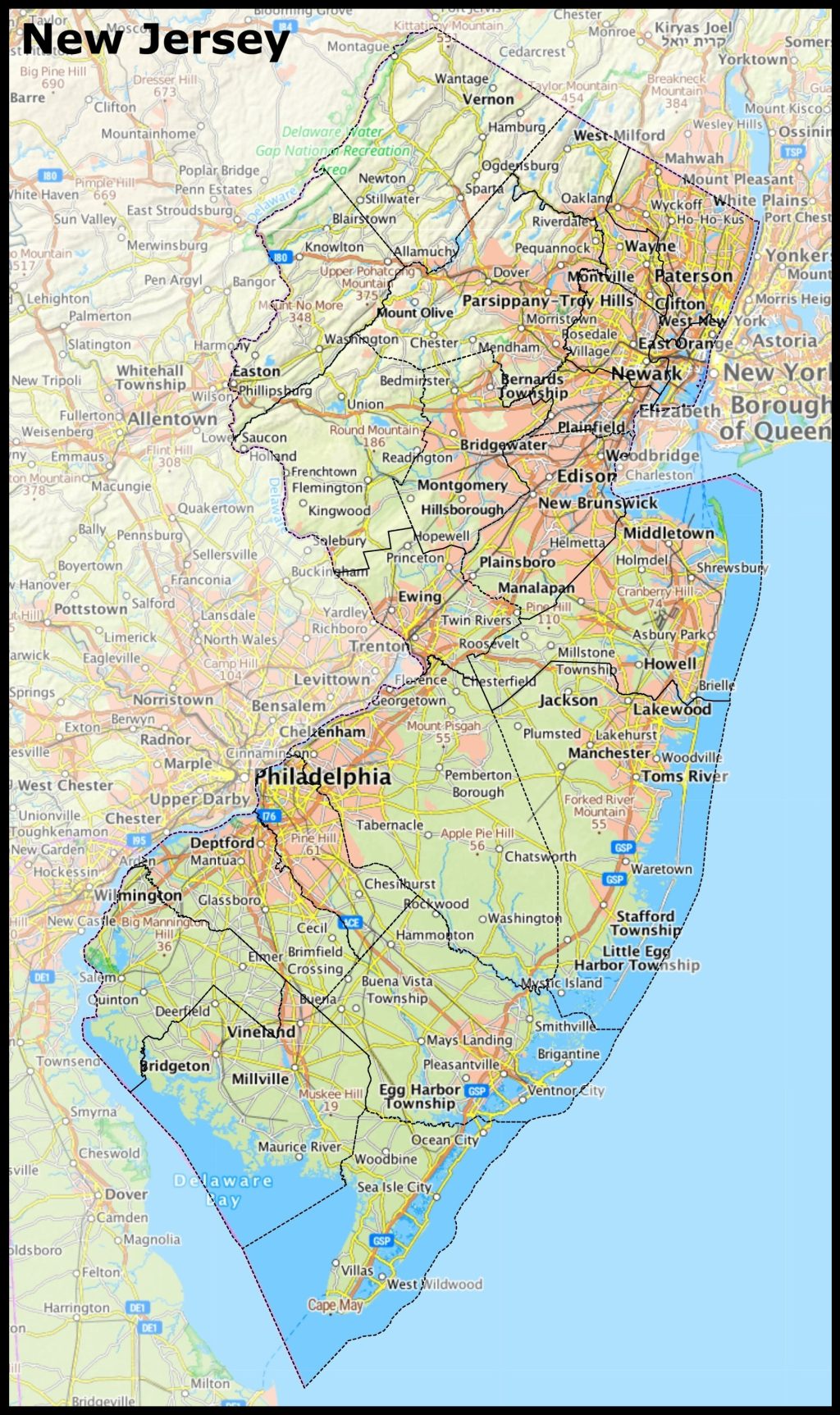 Mapa del estado de Nueva Jersey.