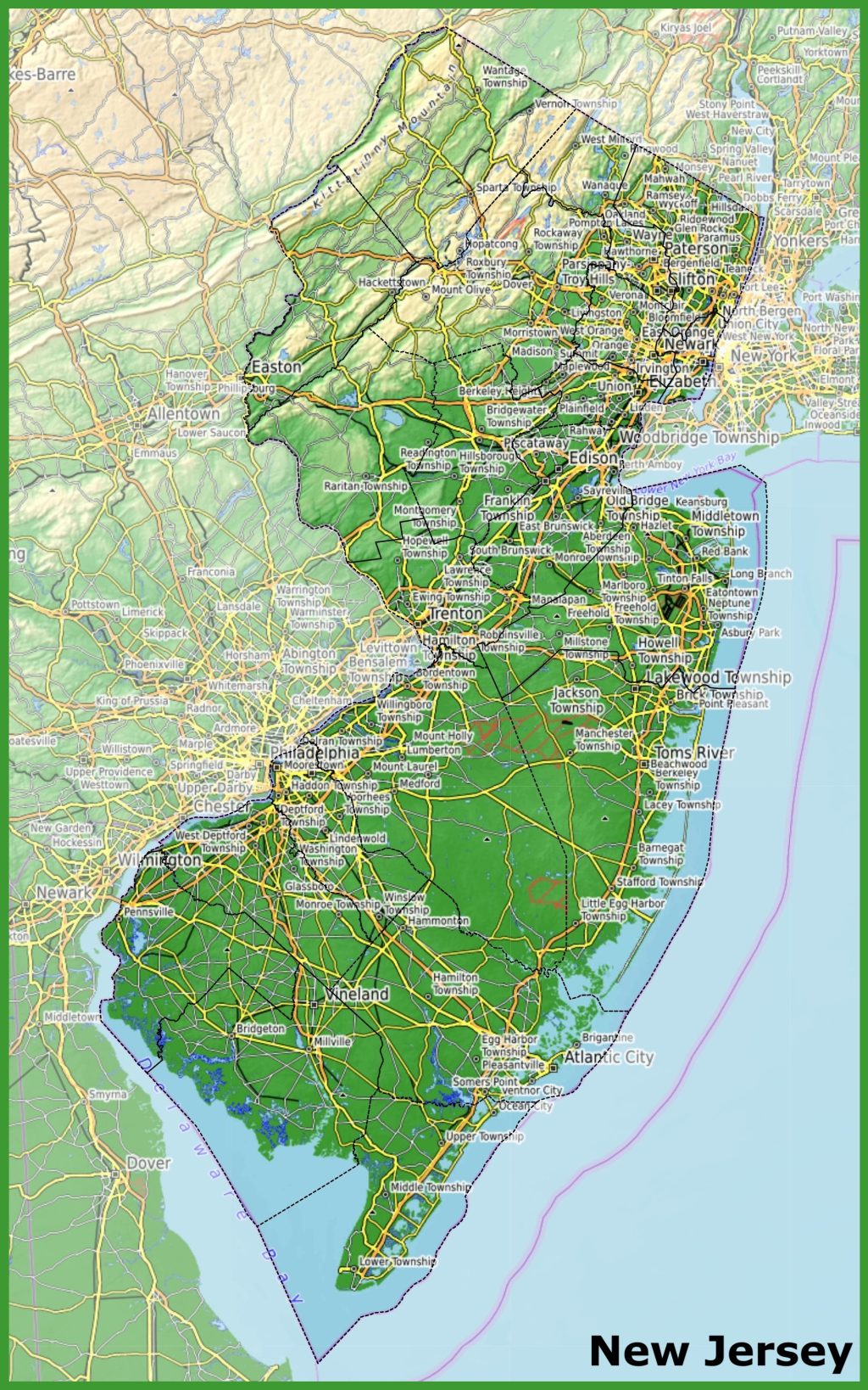 Mapa f&iacute;sico del estado de Nueva Jersey.