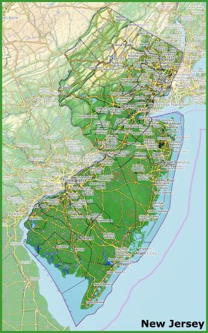 Mapa f&iacute;sico del estado de Nueva Jersey