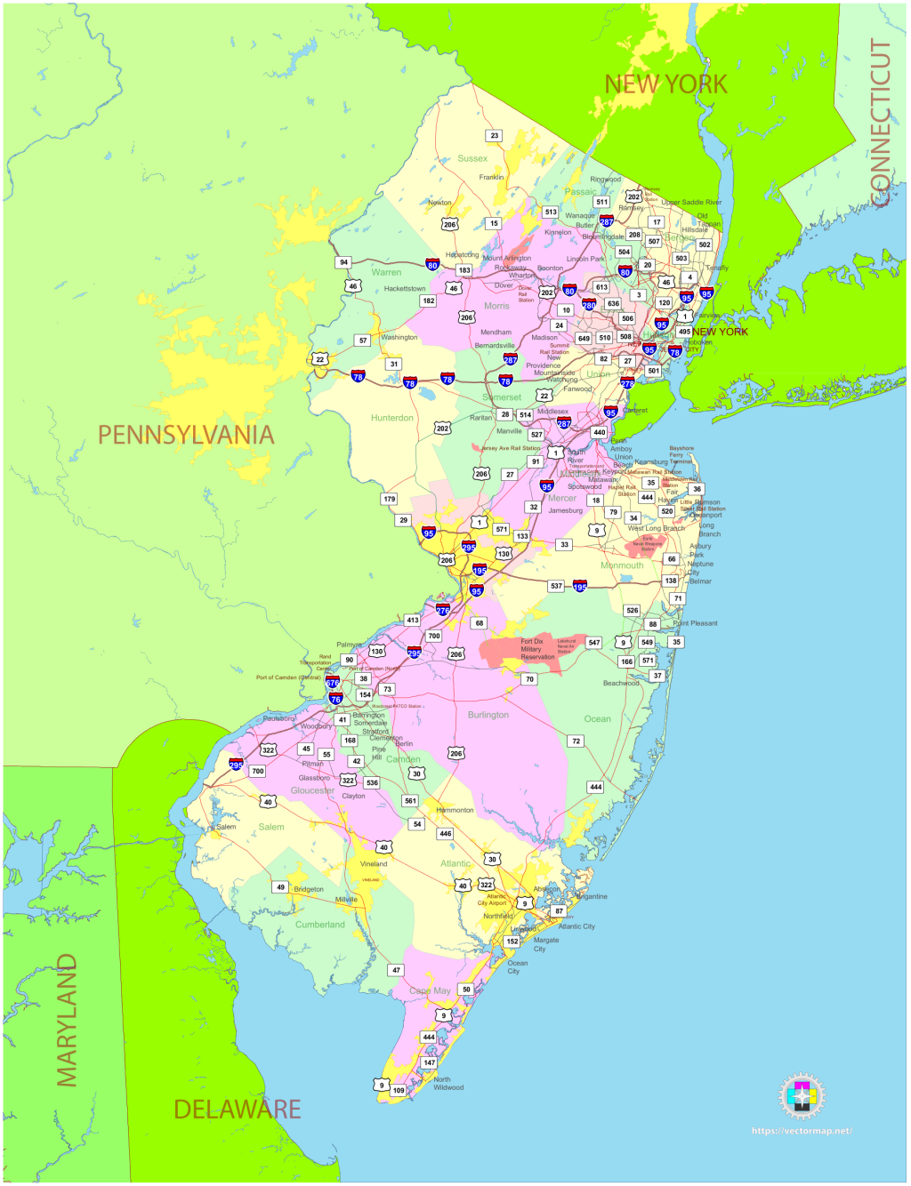 Mapa pol&iacute;tico del estado de Nueva Jersey.