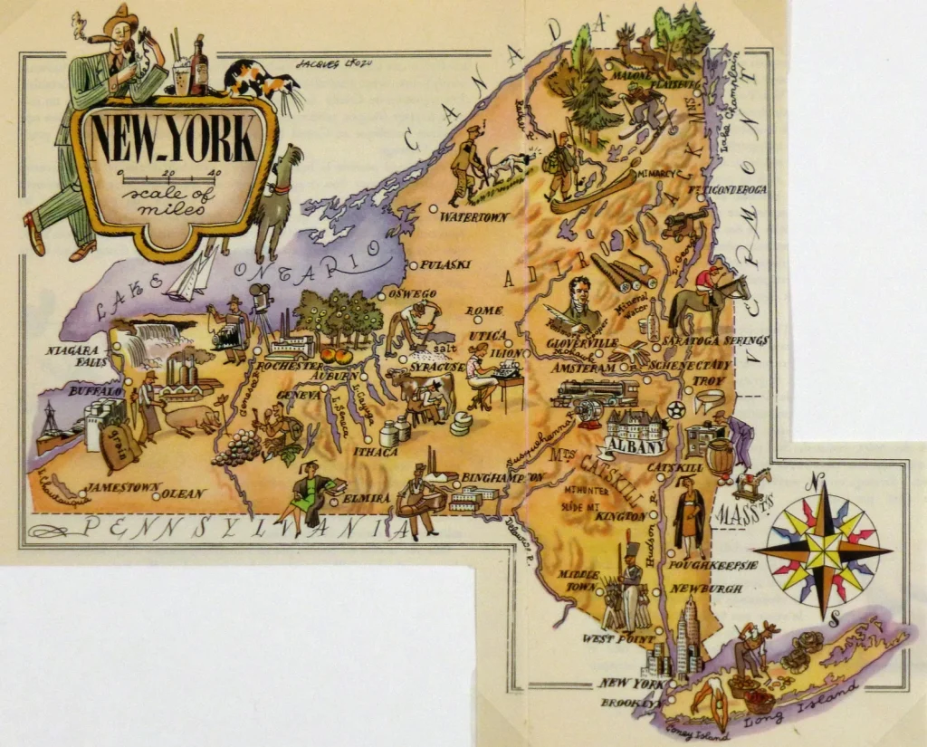 Mapa tur&iacute;stico pict&oacute;rico del estado de Nueva York.