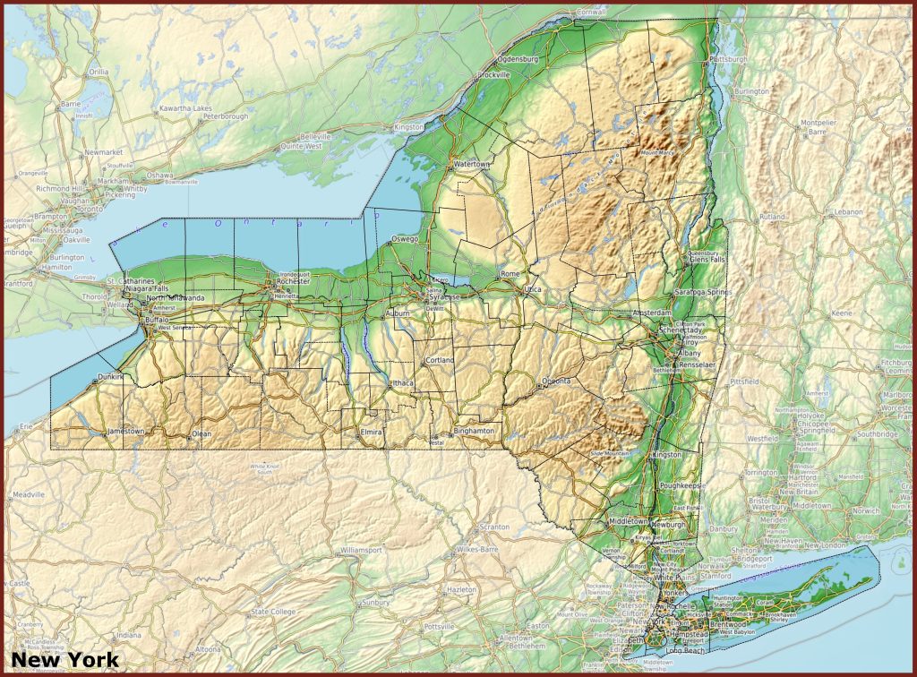 Mapa f&iacute;sico del estado de Nueva York.