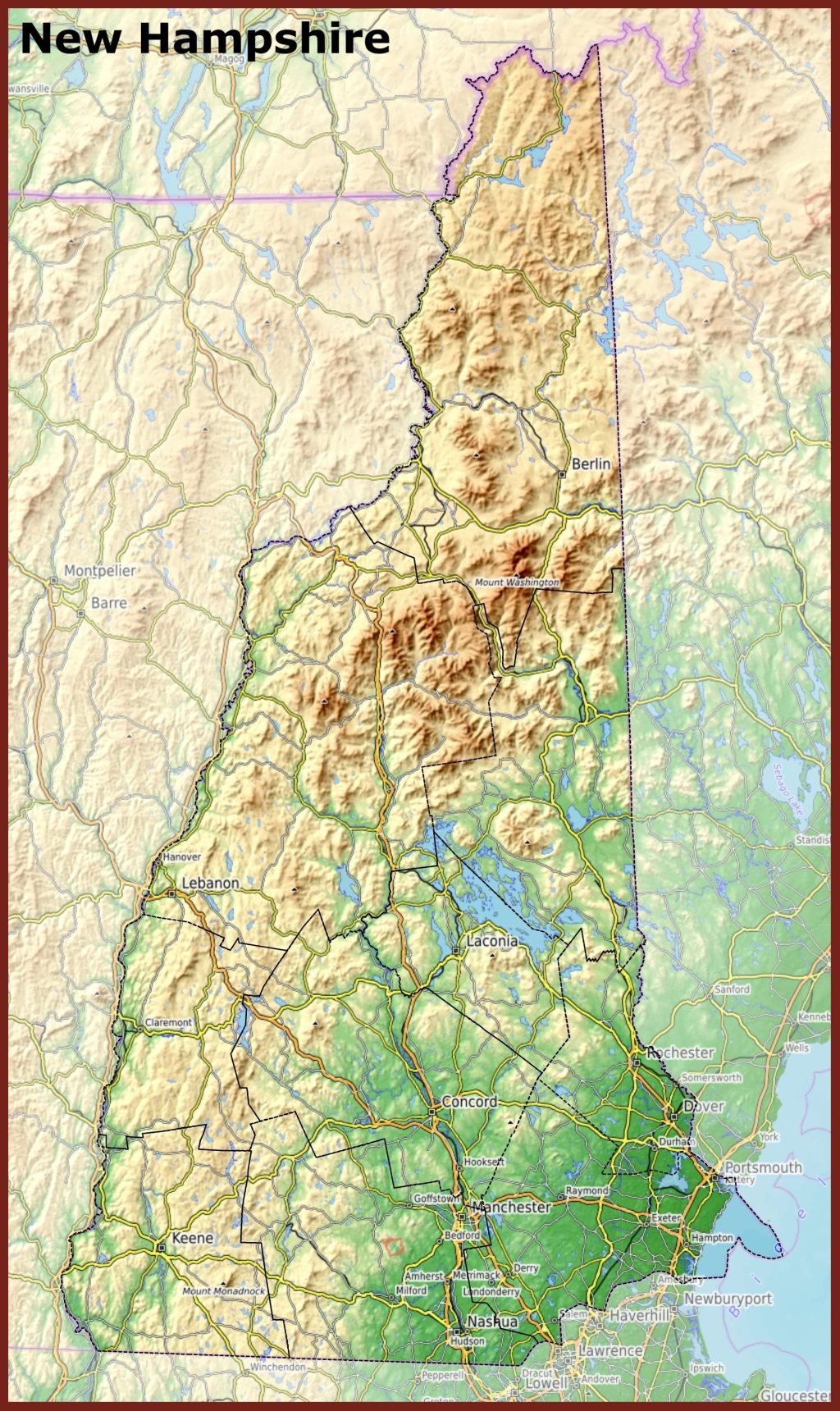 Mapa f&iacute;sico del estado de Nuevo Hampshire.