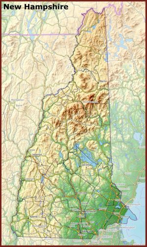 Mapa f&iacute;sico del estado de Nuevo Hampshire