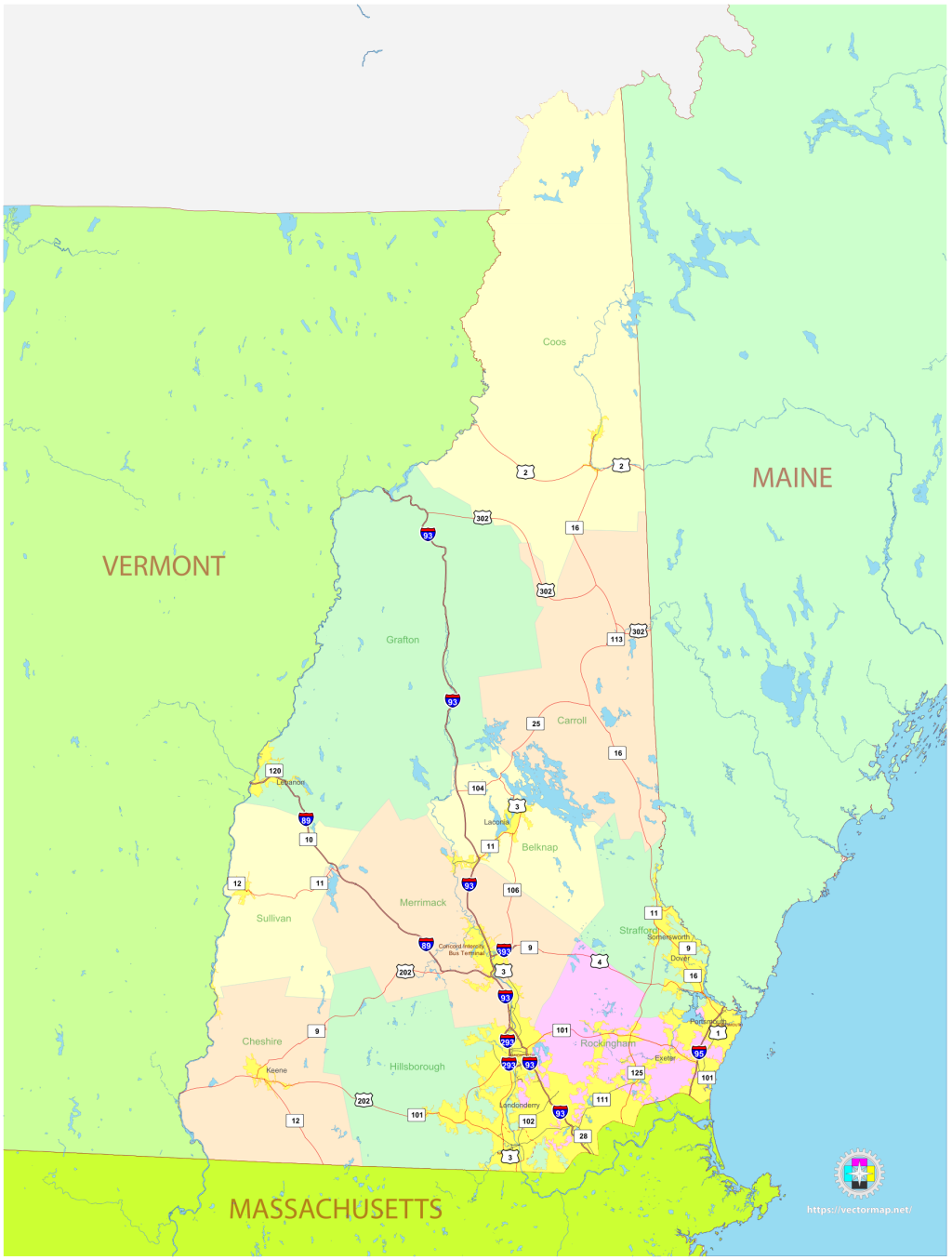 Mapa pol&iacute;tico del estado de Nuevo Hampshire.