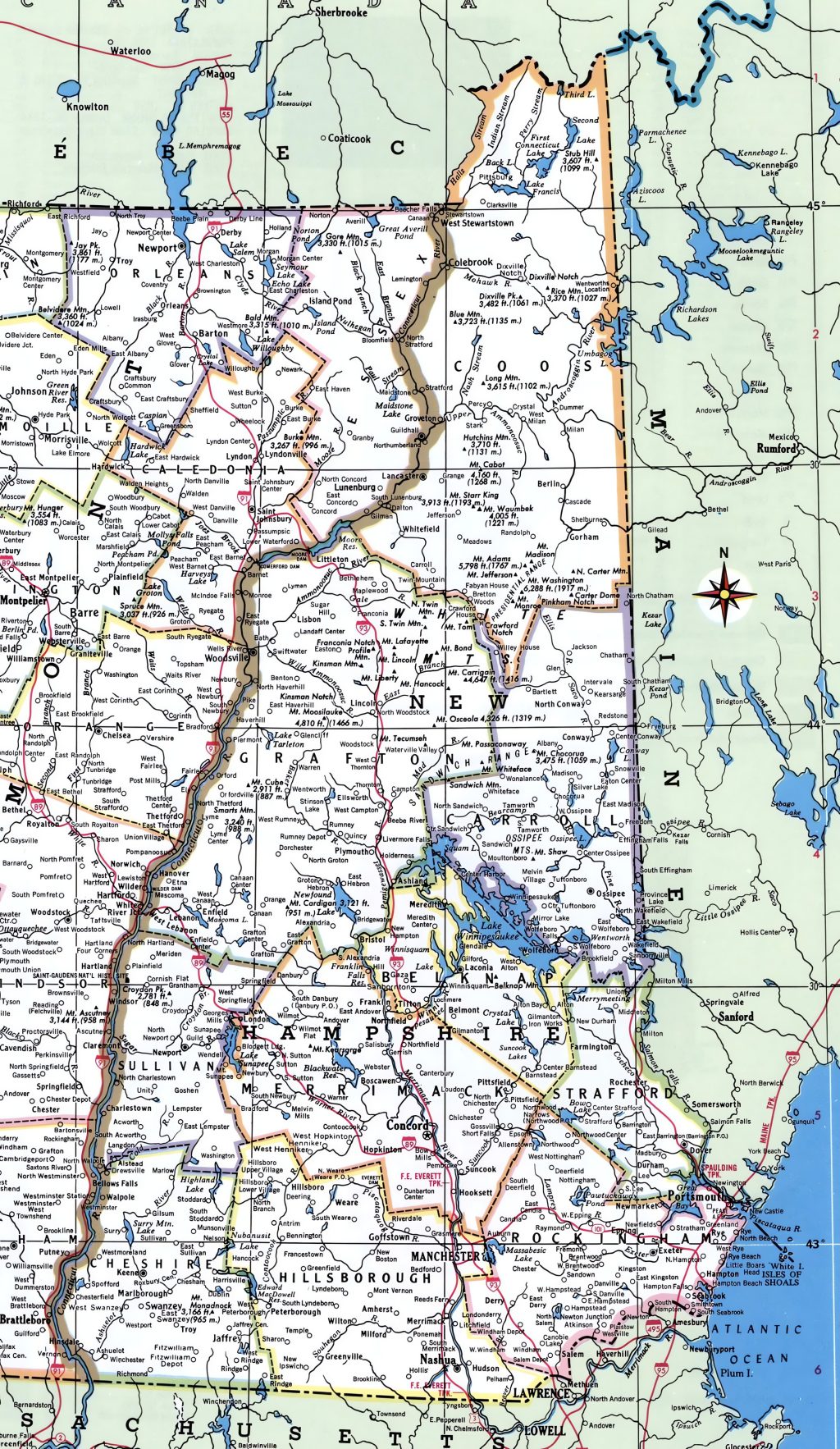 Mapa de las ciudades y pueblos de Nuevo Hampshire.
