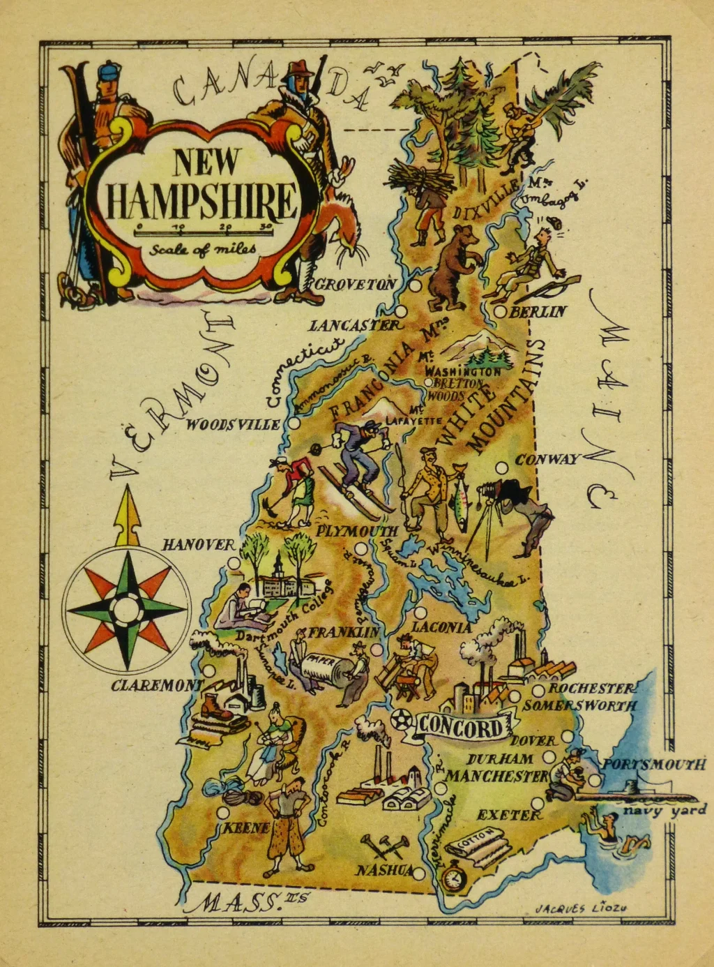 Mapa tur&iacute;stico pict&oacute;rico de Nuevo Hampshire de los a&ntilde;os 1940.
