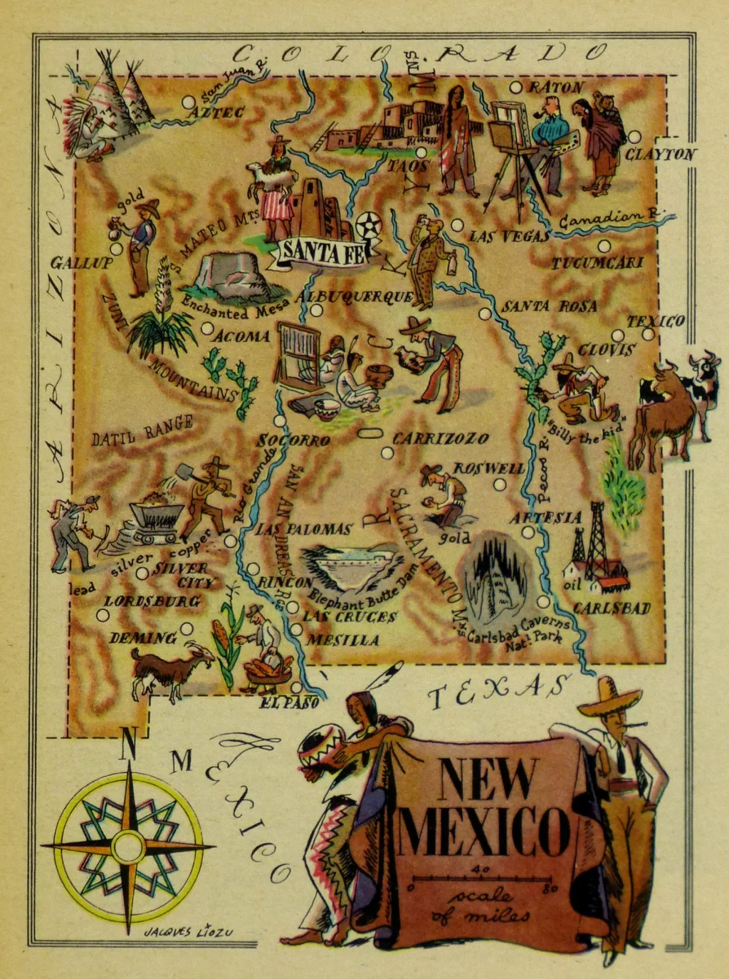 Mapa tur&iacute;stico pict&oacute;rico de Nuevo M&eacute;xico de los a&ntilde;os 1940.