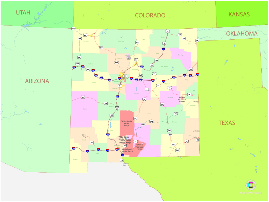 Mapa pol&iacute;tico del estado de Nuevo M&eacute;xico.