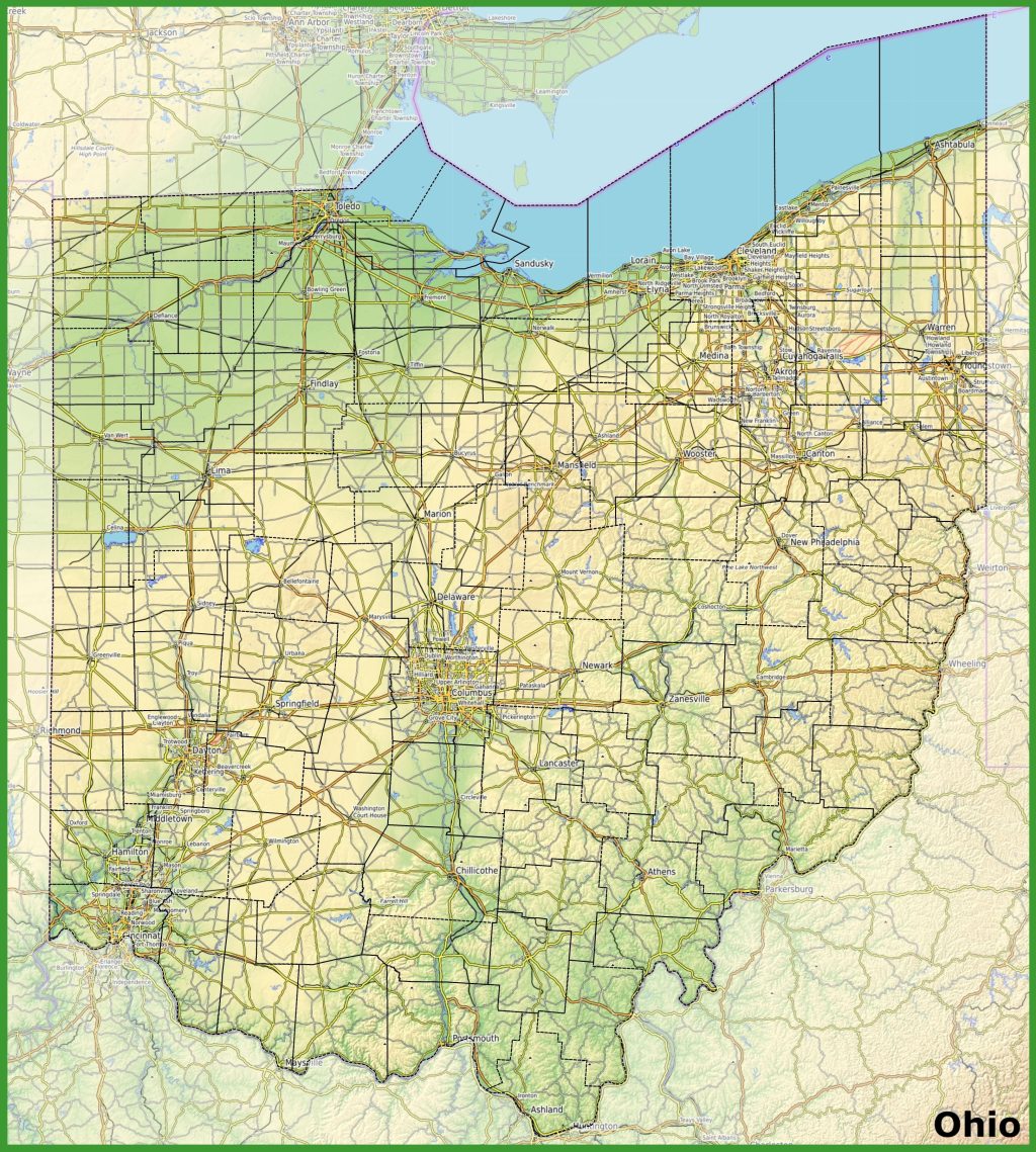 Mapa f&iacute;sico del estado de Ohio.