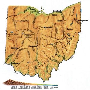 Mapa topogr&aacute;fico del estado de Ohio,