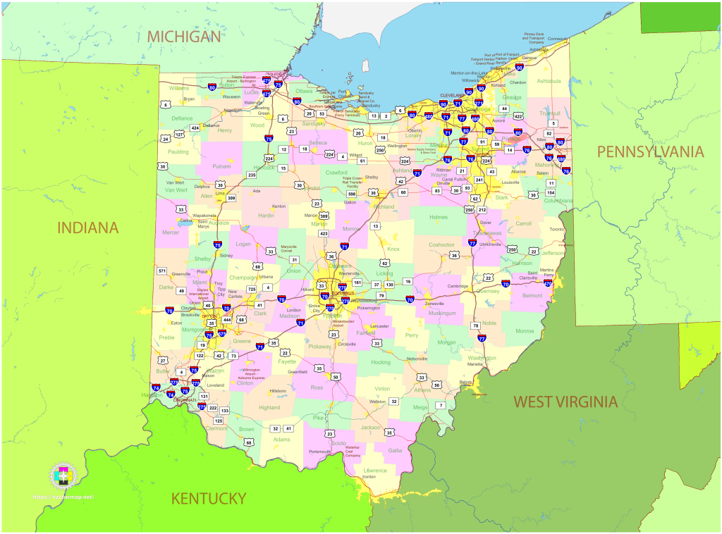 Mapa pol&iacute;tico del estado de Ohio.
