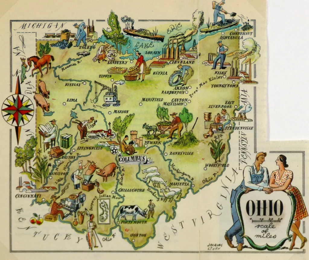 Mapa tur&iacute;stico pict&oacute;rico de Ohio de los a&ntilde;os 1940.