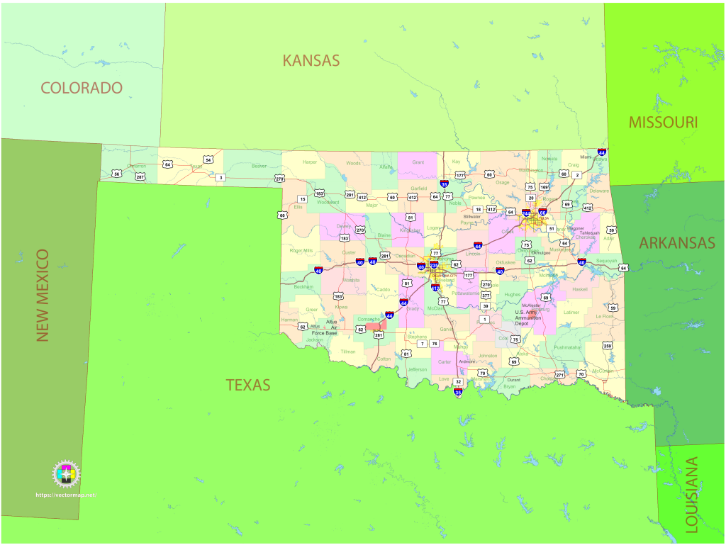 Mapa pol&iacute;tico del estado de Oklahoma.