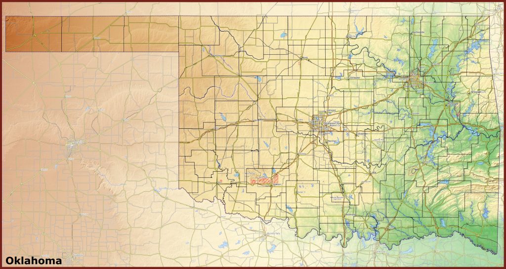 Mapa f&iacute;sico del estado de Oklahoma.