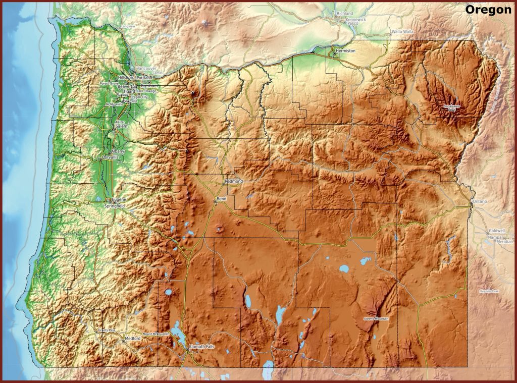 Mapa f&iacute;sico del estado de Oreg&oacute;n.