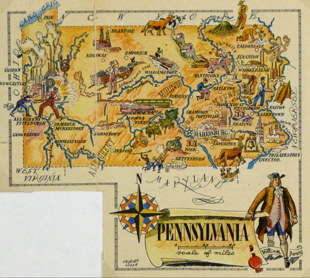 Mapa tur&iacute;stico pict&oacute;rico de Pensilvania de los a&ntilde;os 1940.
