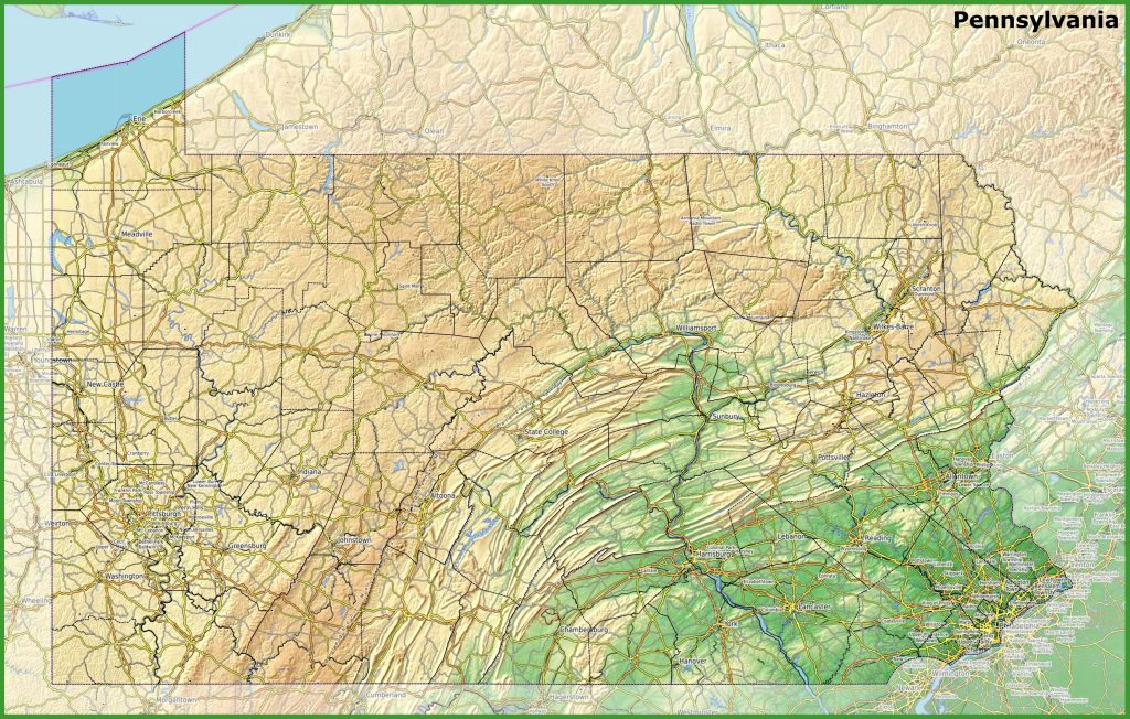 Mapa f&iacute;sico del estado de Pensilvania.