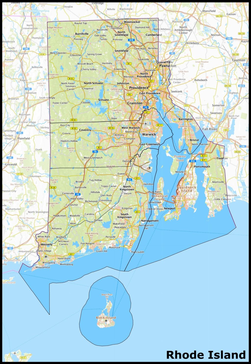 Mapa del estado de Rhode Island.