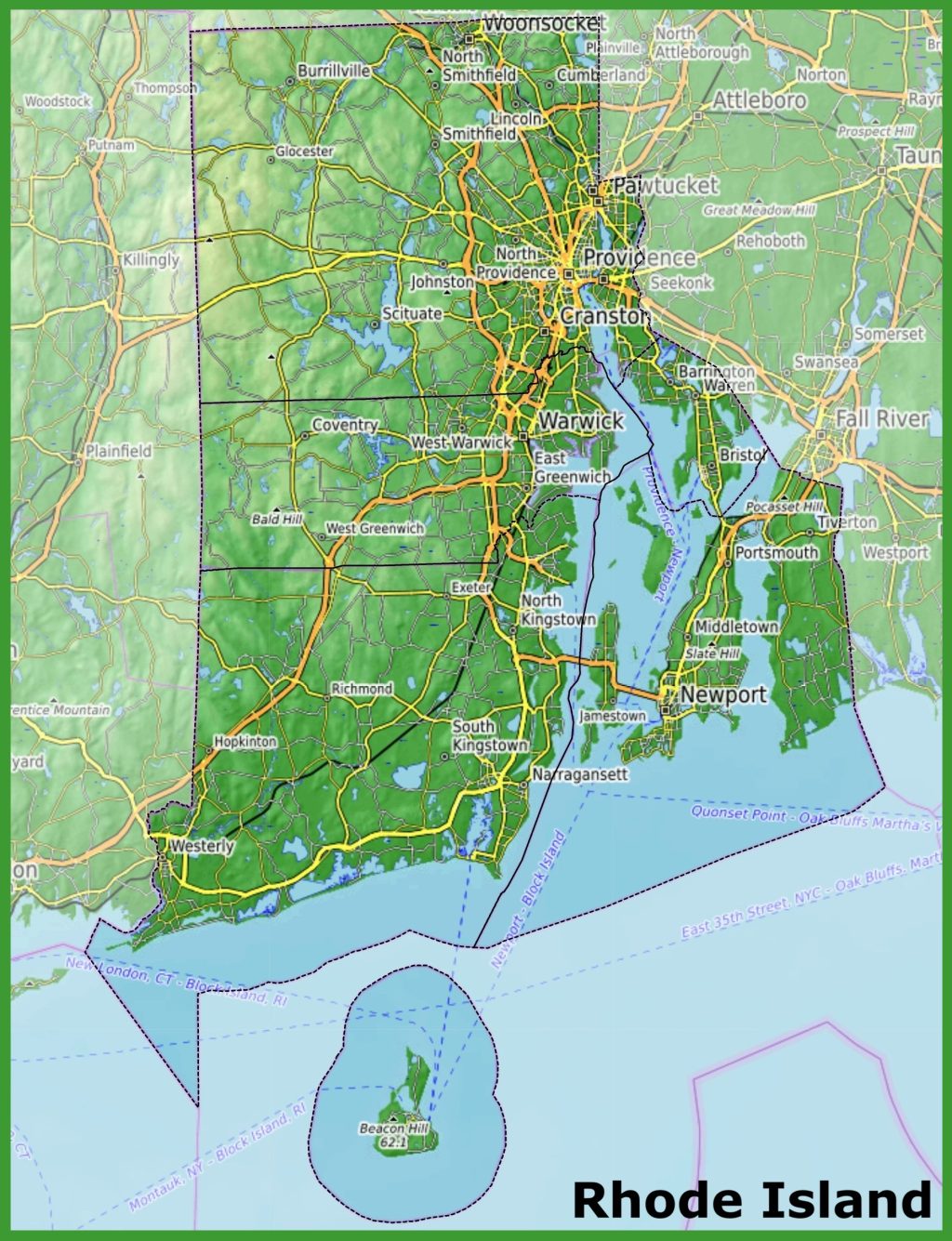 Mapa f&iacute;sico del estado de Rhode Island.