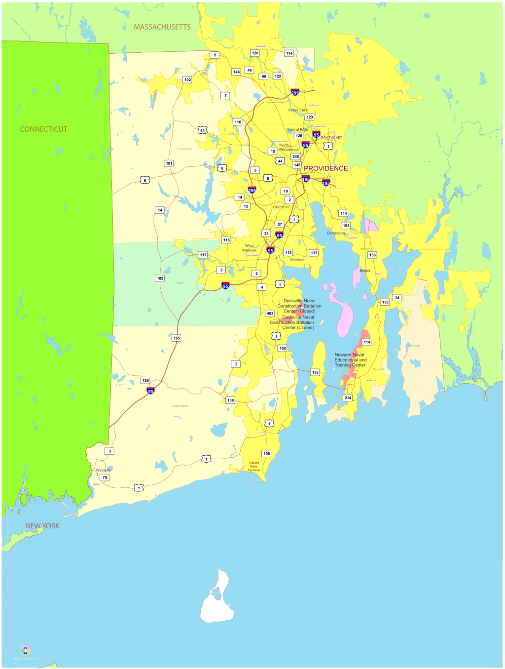 Mapa pol&iacute;tico del estado de Rhode Island.