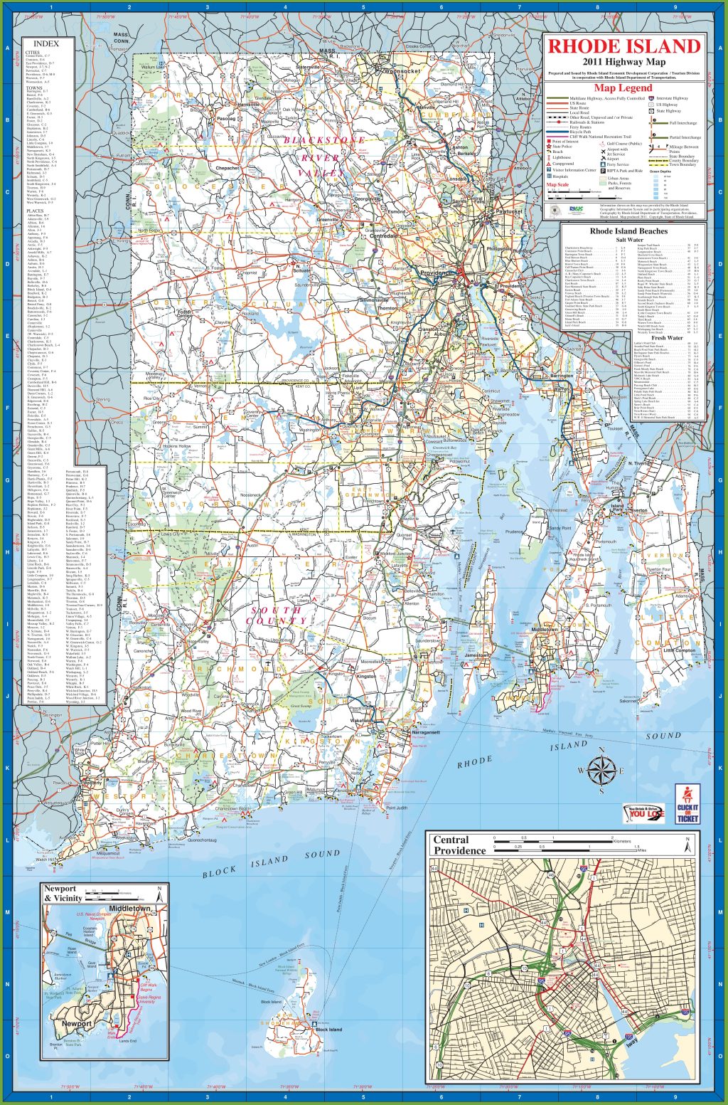 Mapa de carreteras del estado de Rhode Island.