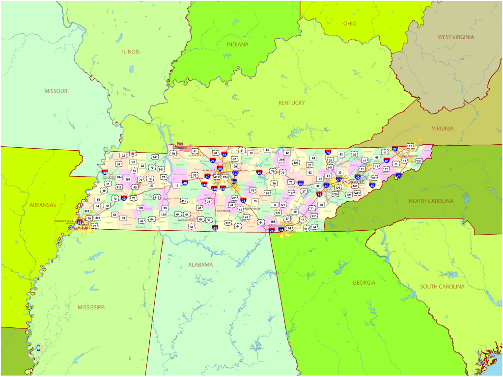 Mapa pol&iacute;tico del estado de Tennessee.