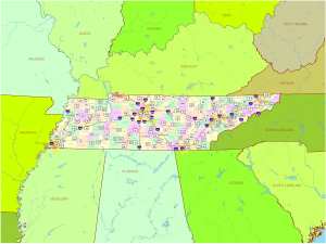 Mapa pol&iacute;tico del estado de Tennessee