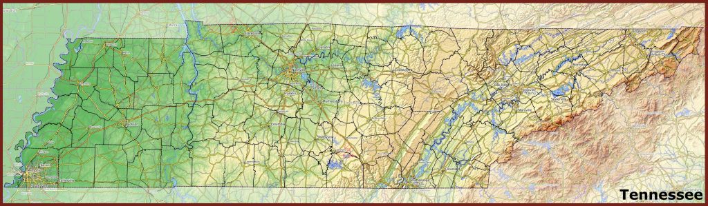 Mapa f&iacute;sico del estado de Tennessee.