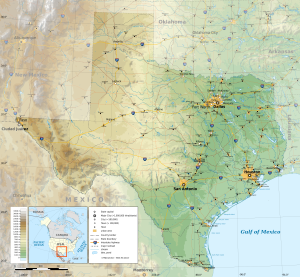 Mapa f&iacute;sico de Texas.