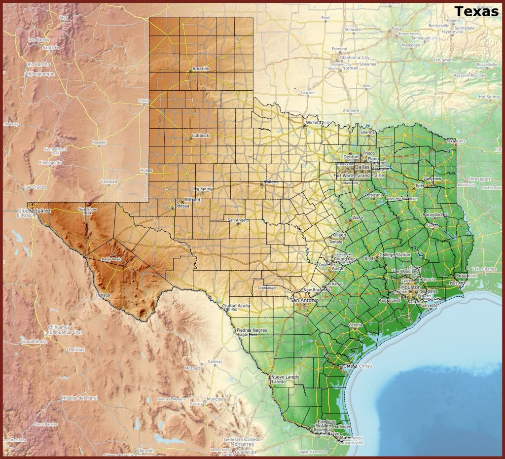 Mapa f&iacute;sico del estado de Texas.